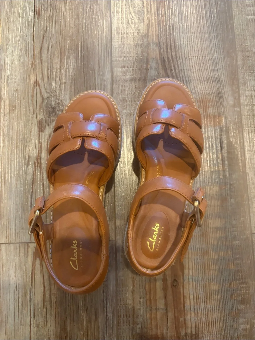 Clarks Tan Leather Platform Espadrille Sandals
